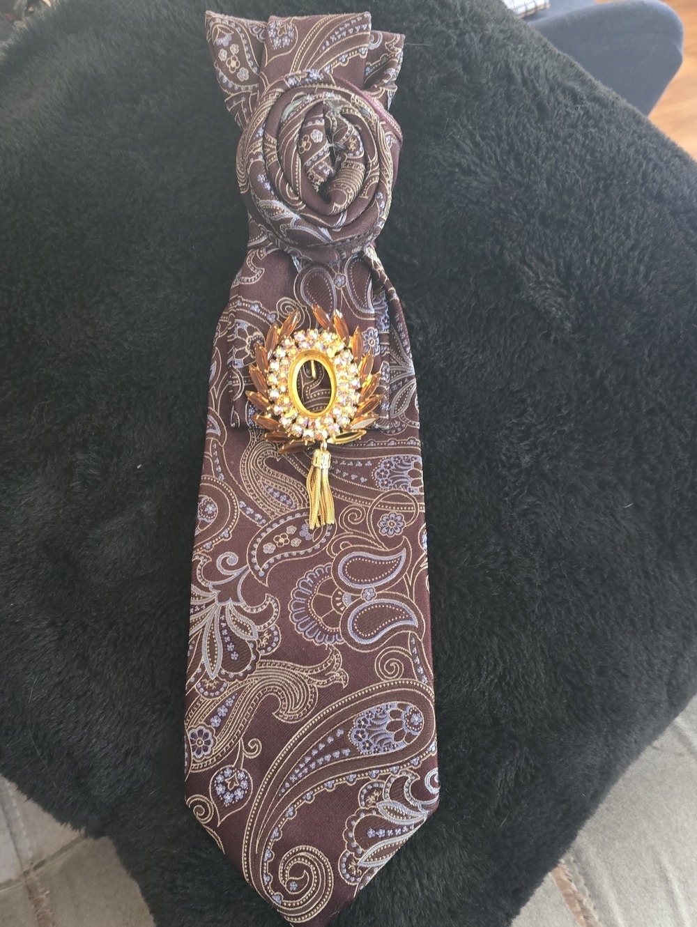 All The Rage!! Brown Paisley Men's Tie with Gold Brooch- Handmade Creation!